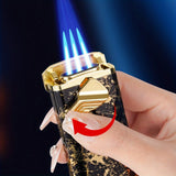 1pc Golden Marble Pattern Jet Lighter, Retro Triple Torch Flame Butane Lighter for Cigar, Premium Windproof Refillable Gas Lighter, Father's Day Birthday Gifts Idea for Men Women Dad (excluding Butane)