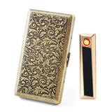 2-In-1 Vintage Metal Cigarette Case With USB Rechargeable Electric Electronic Plasma Lighter, Tobacco Box With Sturdy Double Sided Spring Clip Open Pocket Smell-Proof Cigarette Holder Birthday Christmas Gifts For Men Women Dad Him Her