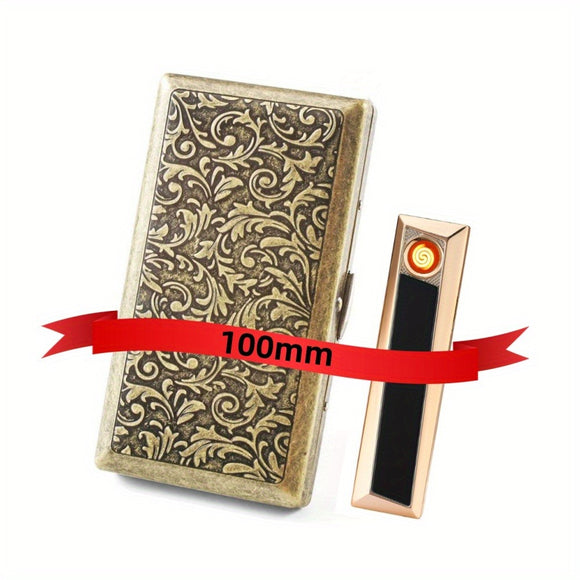2-In-1 Vintage Metal Cigarette Case With USB Rechargeable Electric Electronic Plasma Lighter, Tobacco Box With Sturdy Double Sided Spring Clip Open Pocket Smell-Proof Cigarette Holder Birthday Christmas Gifts For Men Women Dad Him Her