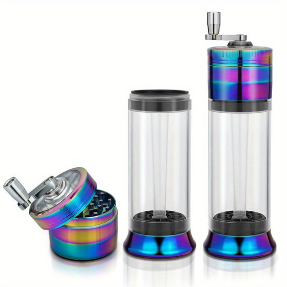 5-In-1 Rainbow Alluminum Metal Manual Spice Grinder With A Foldable Hand Crank, With Cone Londer, Multifunctional Joint Rolling Machine, Cleaning Brush, Easy To Push Button