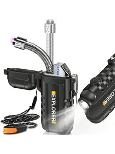 Lafagiet Elektrisches USB Typ-C Wiederaufladbares Feuerzeug mit LED Batterieanzeige & Taschenlampe, mit Lanyard, Wasserdicht IP56, Winddicht, 360 ° r Teleskopbogen Feuerzeuge Elektronisch für Outdoor-Kerze, Camping, BBQ