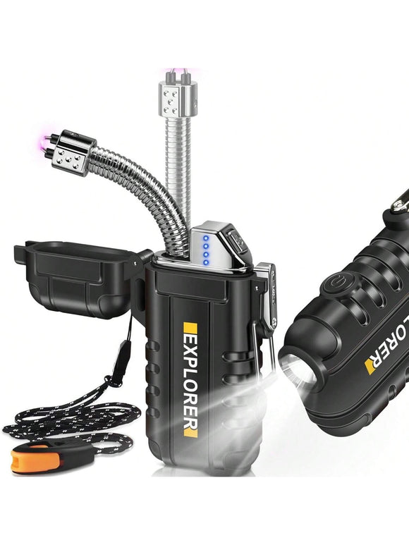 Lafagiet Elektrisches USB Typ-C Wiederaufladbares Feuerzeug mit LED Batterieanzeige & Taschenlampe, mit Lanyard, Wasserdicht IP56, Winddicht, 360 ° r Teleskopbogen Feuerzeuge Elektronisch für Outdoor-Kerze, Camping, BBQ