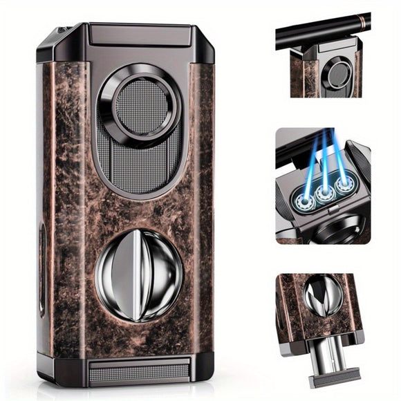 1pc Triple Flame Jet Lighter With Built-In V-Shaped Cutter, Holder Luxury Classic Retro Refillable Windproof Torch Lighter Inflatable Butane Lighter Birthday Gifts For Men Dad (No Gas)