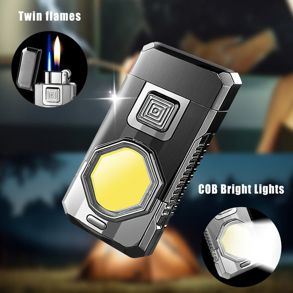1Pc Dual Soft Flame Windproof Lighter Gas Lighter With Illumination USB Rechargeable COB Illuminator Butane Torch Lighter Suitable For Kitchen Outdoor Camping And Hiking (No Gas)