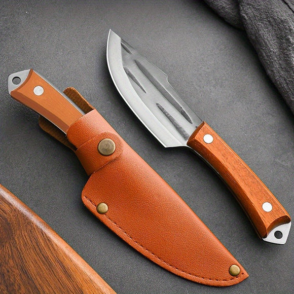 1pc 4.1 Inches Kitchen Cleaver Knives With PU Leather Sheath , Multi-Purpose Small Chef Knife, Chinese Meat Butcher Cutting Knives Wood Handle, For Outdoor Adventure BBQ Camping Bonfire