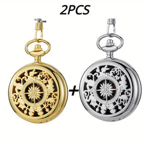 2pcs/Set Gold & Silver Vintage Engraved Flip Compass Pocket Watch, Retro Metal Portable Compass Survival Tool, outdoor Camping Cycling Hiking Navigation Survival Equipment
