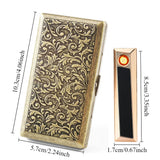 2-In-1 Vintage Metal Cigarette Case With USB Rechargeable Electric Electronic Plasma Lighter, Tobacco Box With Sturdy Double Sided Spring Clip Open Pocket Smell-Proof Cigarette Holder Birthday Christmas Gifts For Men Women Dad Him Her
