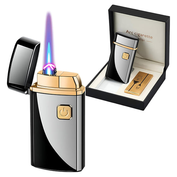 1PC 2 In 1 Gas Electric Lighter, Straight Blue Flame, Type-C Rechargeable, Double Arc Lighter And Cigarette Lighter Combination, Refillable Butane, Stylish Metal Design, Perfect Gift For Dad Or Husband, Gift Box Packaging,Father's Day Gift for Men Dad