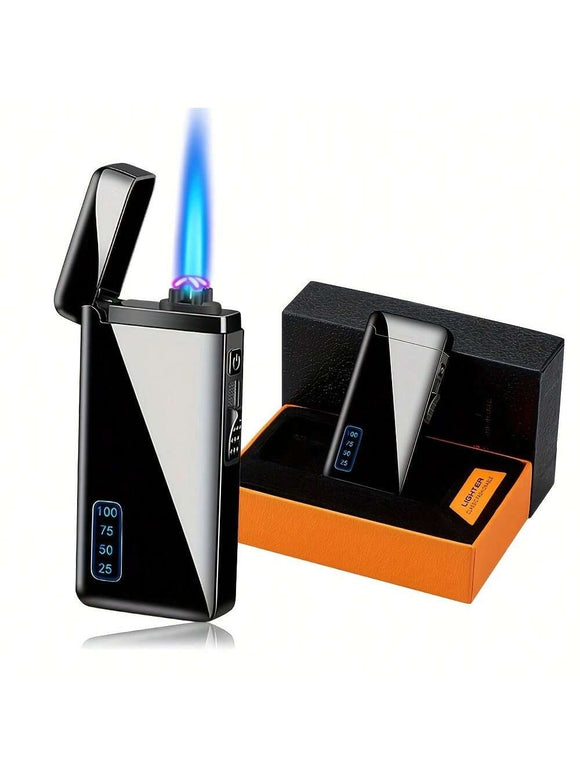 1PC 2-in-1 Dual USE Windproof Jet Flame & USB Electric Lighter, Double Arc Electronic USB Rerchargeable Lighter with Power Display Refillable Butane Torch Lighter with Gift Box Christmas Day Gifts ideas for Men Women (Without Gas)