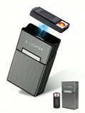 1 Stück Zigarettenetui Box mit Feuerzeug, abnehmbare USB elektrische Feuerzeuge Zigarettenschachtel Halter, gebürstet Aluminium-Zigarettenetui, feuchtigkeitsbeständig und kratzfest, Geschenkverpackung, Vatertag Geschenk Gadgets für Männer