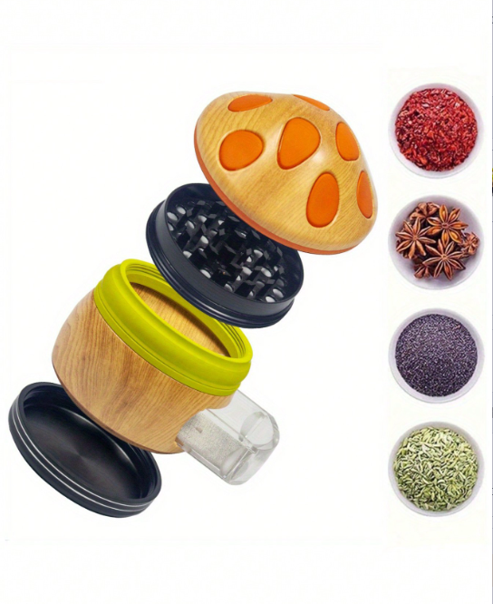 Cute Mushroom Zinc Alloy Metal Spice Grinder, 4 Layers Tobacco Grinder, Portable Stylish Wood Like Spice Grinder, Come With Cleaning Brush, Cone Holder Tubes, 5-In-1 Gift For Women Men