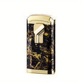 1pc Golden Marble Pattern Jet Lighter, Retro Triple Torch Flame Butane Lighter for Cigar, Premium Windproof Refillable Gas Lighter, Father's Day Birthday Gifts Idea for Men Women Dad (excluding Butane)