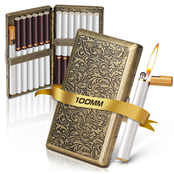 2PCS/SET Retro Cigarette Storage Case With Mini Refillable Gas Lighter Metal Portable 14pcs-Capacity Cigarette Case Can Hold Up To 100mm Cigarettes Suitable For King Size 100's Cigarettes Durable Pressure Resistant Pocket Box Smoking Accessories Father's