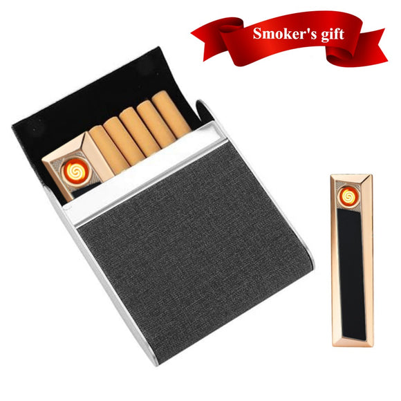 Classic Cigarette Case With Electric Lighter USB Rechargeable,  Holds 84mm Cigarettes Portable Metal Fabric Retro Cigarettes Holder Cigarette Box Christmas Gifts Ideas Father's Day Gift For Men Dad