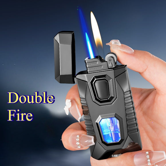 1pc Dual Flame Lighter With Adjustable Soft Flame And Jet Flame Butane Lighter Cycle Inflation Windproof Lighter Suitable For Aromatherapy Camping Men's Gift Box Packaging Father's Day Gift (Excluding Fuel)