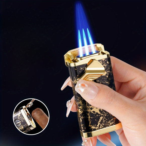 1pc Golden Marble Pattern Jet Lighter, Retro Triple Torch Flame Butane Lighter for Cigar, Premium Windproof Refillable Gas Lighter, Father's Day Birthday Gifts Idea for Men Women Dad (excluding Butane)