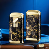 1pc Golden Marble Pattern Jet Lighter, Retro Triple Torch Flame Butane Lighter for Cigar, Premium Windproof Refillable Gas Lighter, Father's Day Birthday Gifts Idea for Men Women Dad (excluding Butane)