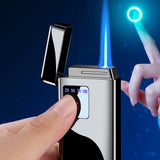 1PC 2-In-1 Blue Jet Flame & Electronic Arc Lighter, Windproof Refillable Butane Gas Torch Lighter, Touch  Ignition Charging Electric Plamsa Lighter USB Rechargeable, With Gift Box Father's Day Gift For Men Dad (Without Gas)