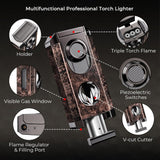 1pc Triple Flame Jet Lighter With Built-In V-Shaped Cutter, Holder Luxury Classic Retro Refillable Windproof Torch Lighter Inflatable Butane Lighter Birthday Gifts For Men Dad (No Gas)