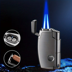 Dual Jet Flame Lighter With Pounch, Multifunctional Butane Torch Lighter, Visible Gas Tank, Classic Windproof Refillable Gas Lighter Gifts For Men Dad Birthday Gifts (Excluding Butane)