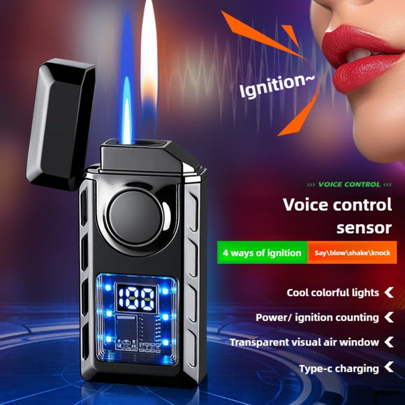 1pc Double Fire Lighter, Smart Sensor Voice-Activated Inflatable Windproof Lighter, Fashionable Metal Body, With LED Rainbow Lighting, Cool Color Lights, Visible Fuel Tank Window, Great Gifts For Men Dad Or Boyfriend, Hiking Accessories
