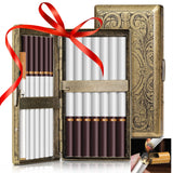 2PCS/SET Retro Cigarette Storage Case With Mini Refillable Gas Lighter Metal Portable 14pcs-Capacity Cigarette Case Can Hold Up To 100mm Cigarettes Suitable For King Size 100's Cigarettes Durable Pressure Resistant Pocket Box Smoking Accessories Father's
