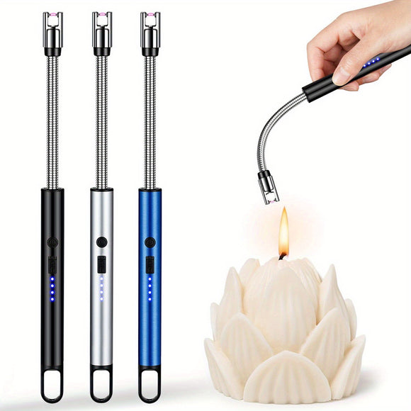 3 Packs USB Rechargeable Electric Lighter, Candle Lighter with Flexible Neck Flameless Windproof 360 Degrees Rotate Arc Lighter, LED Battery Level Indicator and Safety Switch, for Aromatherapy Candle Grill Outdoor Camping BBQ