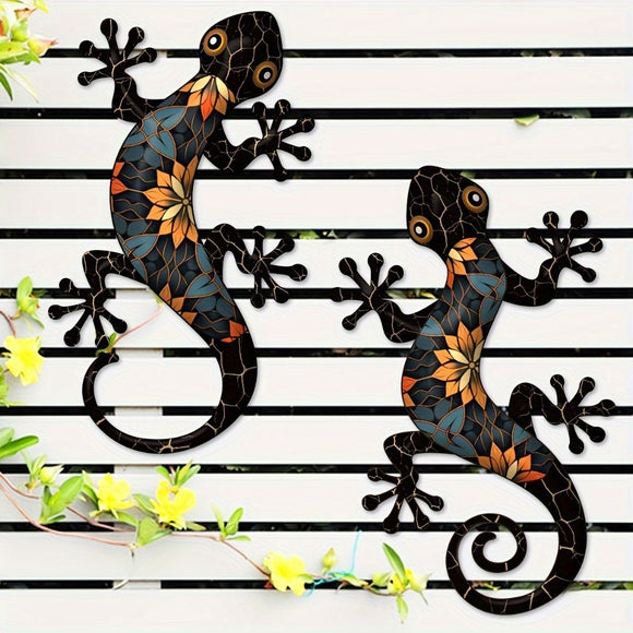 2PCS Metal Gecko Wall Decor Hanging Ornaments 3D Printing Art Decoration For Outdoor & Indoor, Garden, Backyard, Fence, Patio - Perfect Gift For Family And Friends