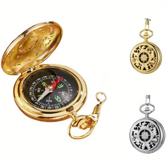 2pcs/Set Gold & Silver Vintage Engraved Flip Compass Pocket Watch, Retro Metal Portable Compass Survival Tool, outdoor Camping Cycling Hiking Navigation Survival Equipment